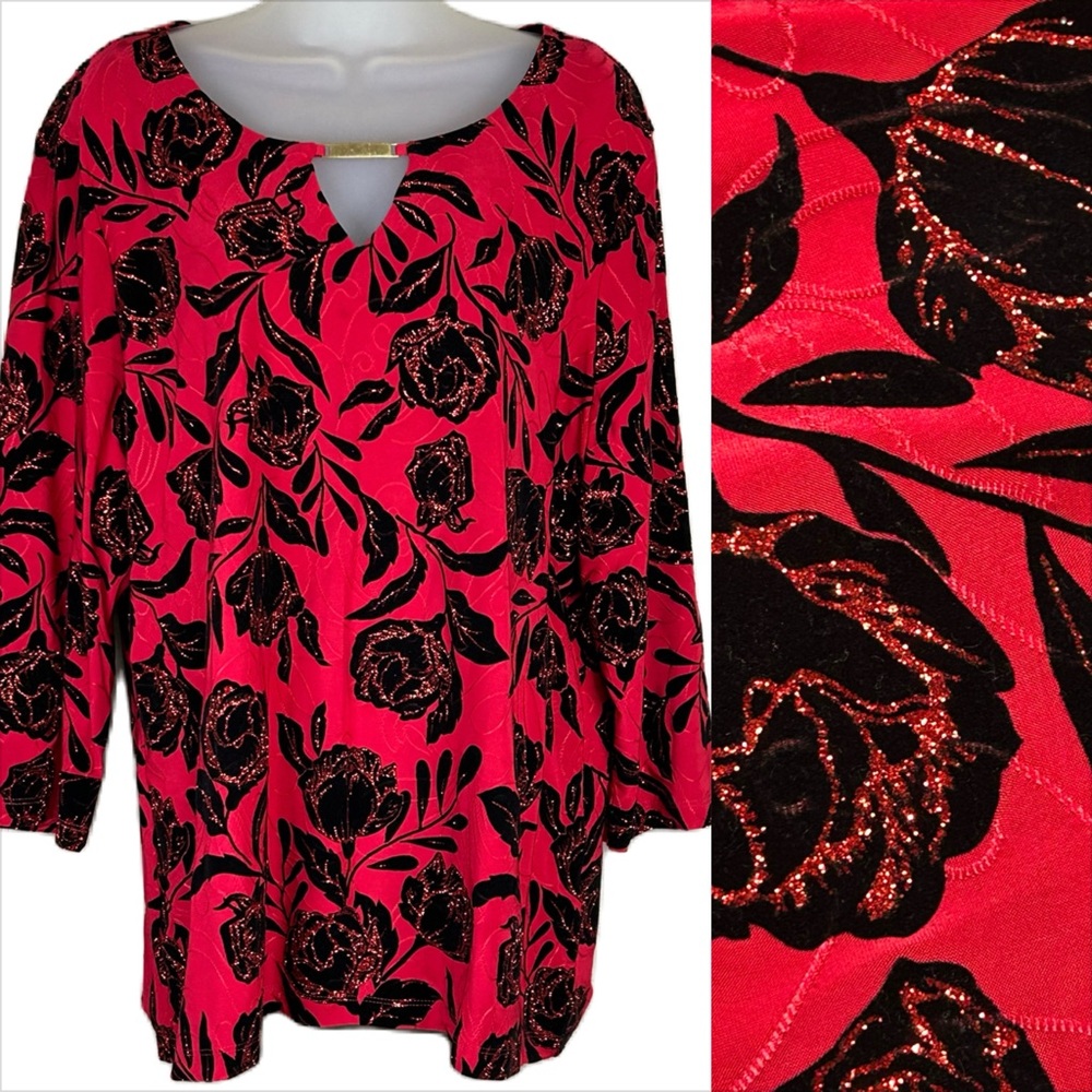 JM Collection Dark Floral Velvet Burnout Top Blouse Sparkly Whimsigoth Office